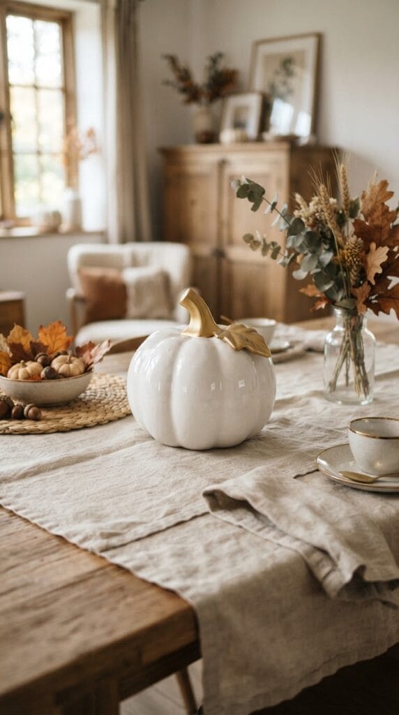 16 Fall Centerpiece Ideas for Your Dining Table 7 A sleek white ceramic pumpkin with a gold stem on a table.