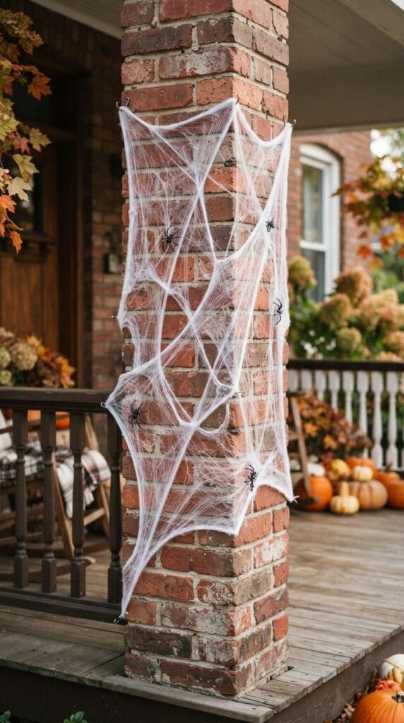 White fabric spiderweb netting draped realistically over a red brick porch column.