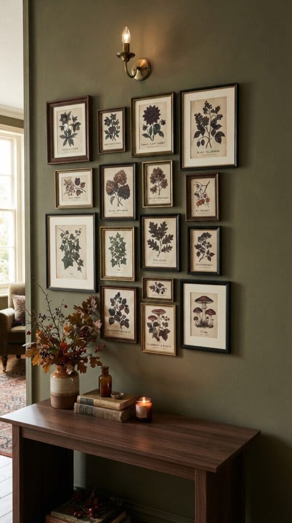 20 Halloween Decor 2026 Ideas for a Spooky Stylish Home 16 A pair of framed botanical prints featuring vintage illustrations of witch hazel branches.
