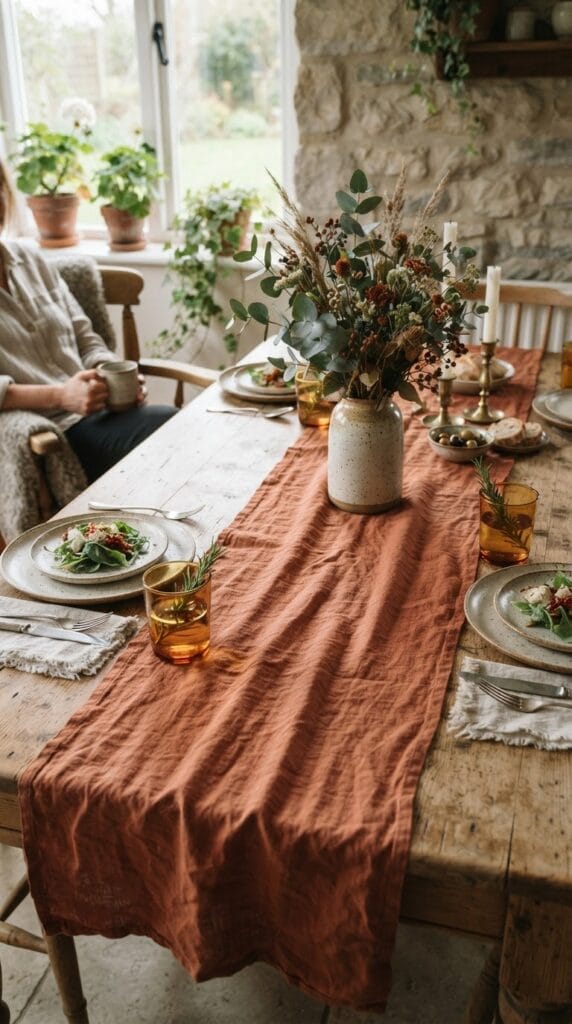 A wrinkled terracotta woven linen table runner on a rustic wooden dining table.
