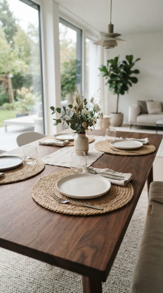 16 Fall Centerpiece Ideas for Your Dining Table 15 Chunky round woven jute placemats placed on a dark wooden table.