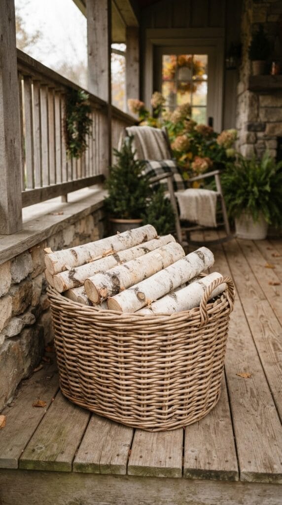 The Ultimate Fall Front Porch Decor Checklist You Need 7 A textured woven rattan basket holding decorative birch logs on a porch.