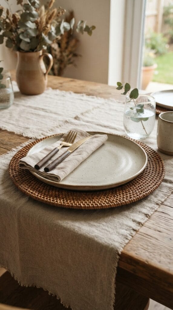A round woven rattan charger plate framing a matte ceramic dinner plate.