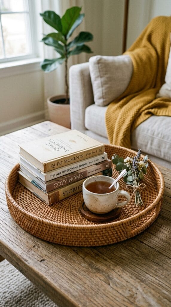 A round woven rattan tray holding books and a small ceramic cup.
