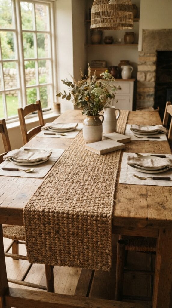 16 Fall Centerpiece Ideas for Your Dining Table 3 A textured woven seagrass runner laid flat on a rustic wooden table.