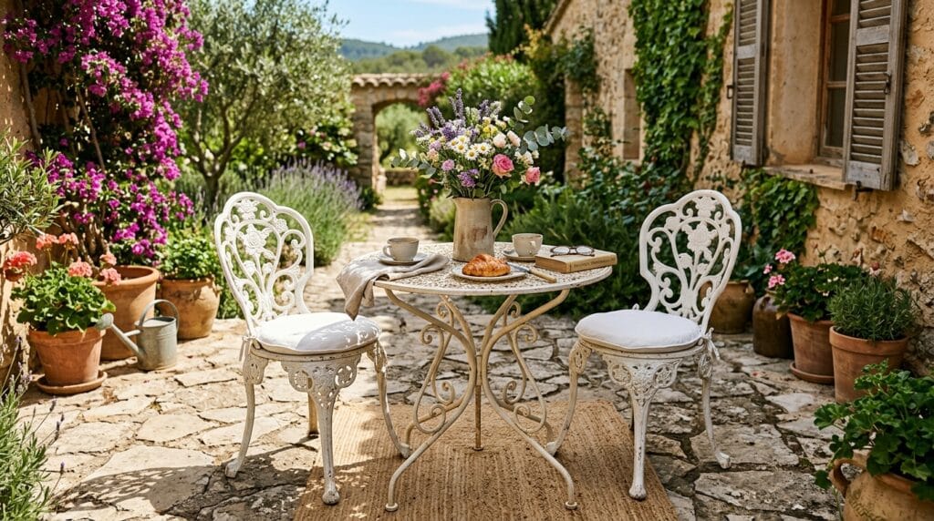 A classic white wrought-iron bistro set on a sunny stone garden patio.
