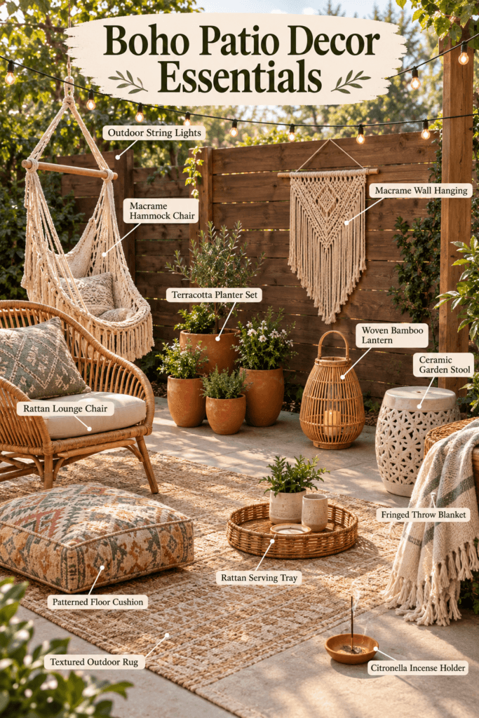 Boho Patio Decor Ideas for a Dreamy Outdoor Space 2 Boho patio decor essentials with a rattan chair, macrame hammock, string lights, and planters.