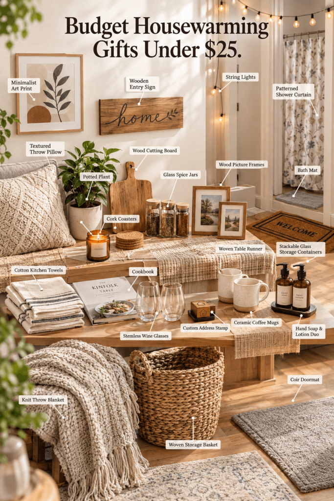 Budget housewarming gift collection featuring candles, cutting boards, plants, pillows, and picture frames