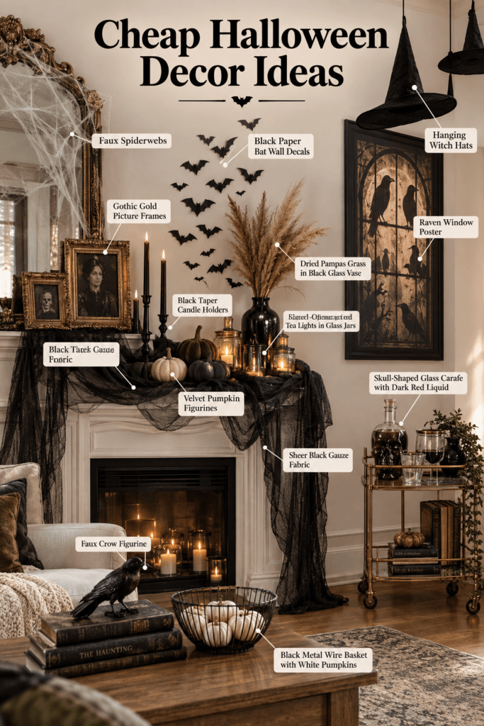 Cheap Halloween Decor Ideas That Still Look Spooky Chic 2 Spooky chic Halloween decor with velvet pumpkins, taper candles, paper bats, and faux crows