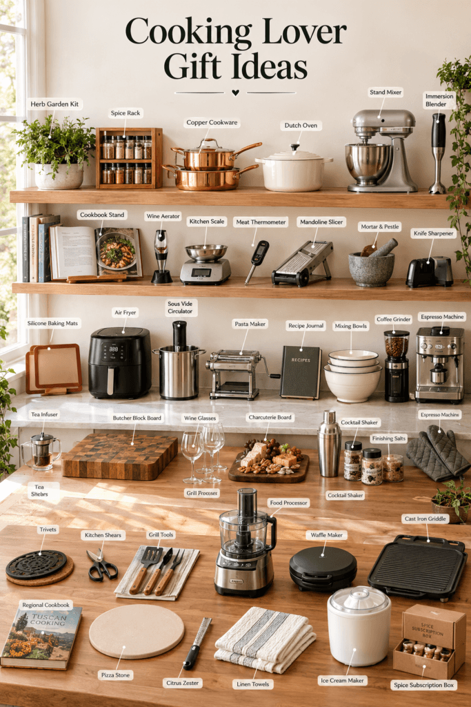 Cooking Lover Gift Ideas for Someone Always in the Kitchen 2 Cooking lover gift ideas flatlay featuring a chef's knife, skillet, and stand mixer