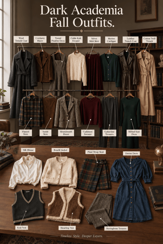 Dark Academia Fall Outfits for a Moody Intellectual Aesthetic 2 Dark academia fall wardrobe flat lay featuring wool coats, tweed, and knit sweaters.