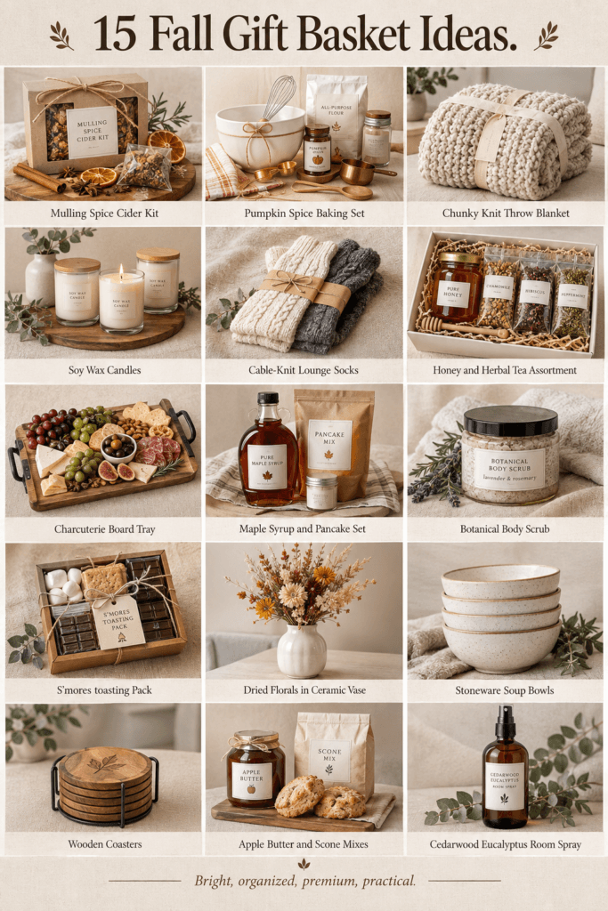 15 Fall Gift Basket Ideas for Every Person on Your List 2 Fall gift basket essentials including cozy blankets, candles, mulling spices, and seasonal treats