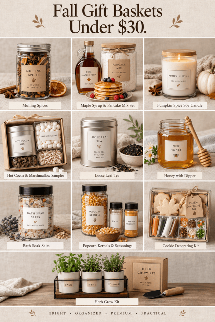 Fall Gift Baskets Under $30 That Still Feel Special 2 Collage of fall gift basket ideas including mulling spices, soy candle, and cocoa.
