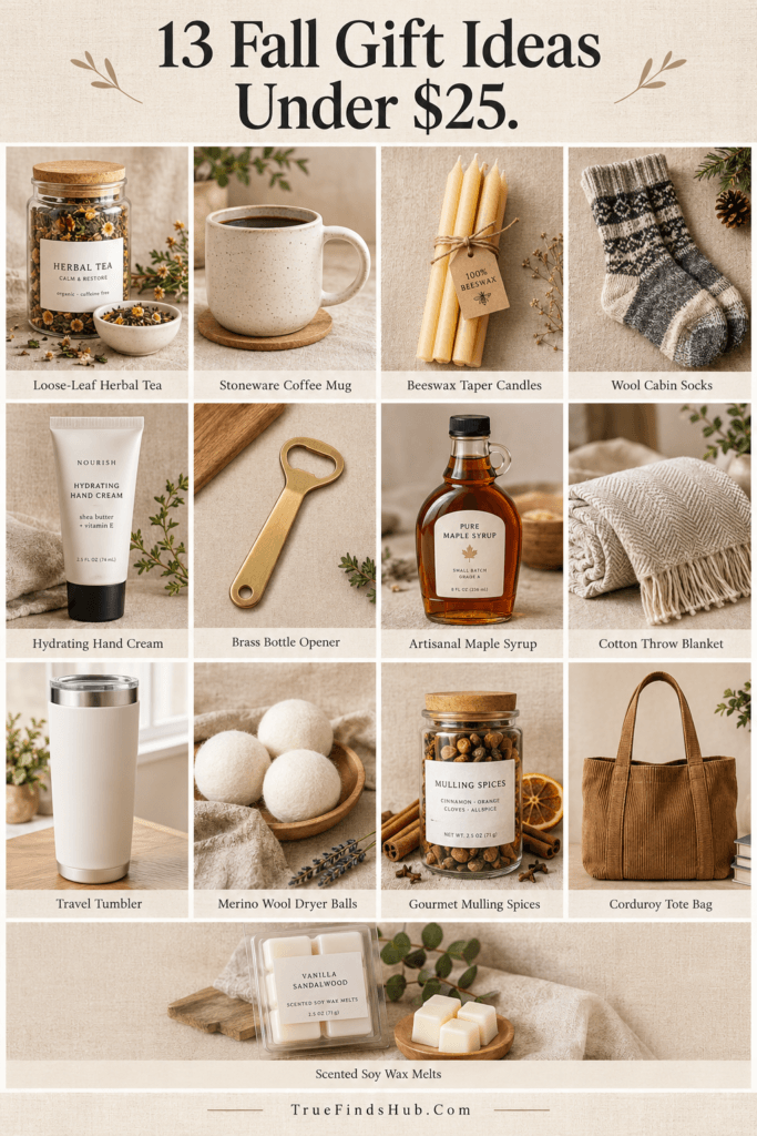 Flat lay collage of thirteen cozy fall gift ideas under $25, including mugs, candles, and wool accessories.