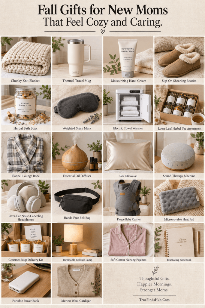 Fall Gifts for New Moms That Feel Cozy and Caring 2 Vertical collage of cozy fall gift ideas for new moms, including blankets, robes, and self-care essentials.