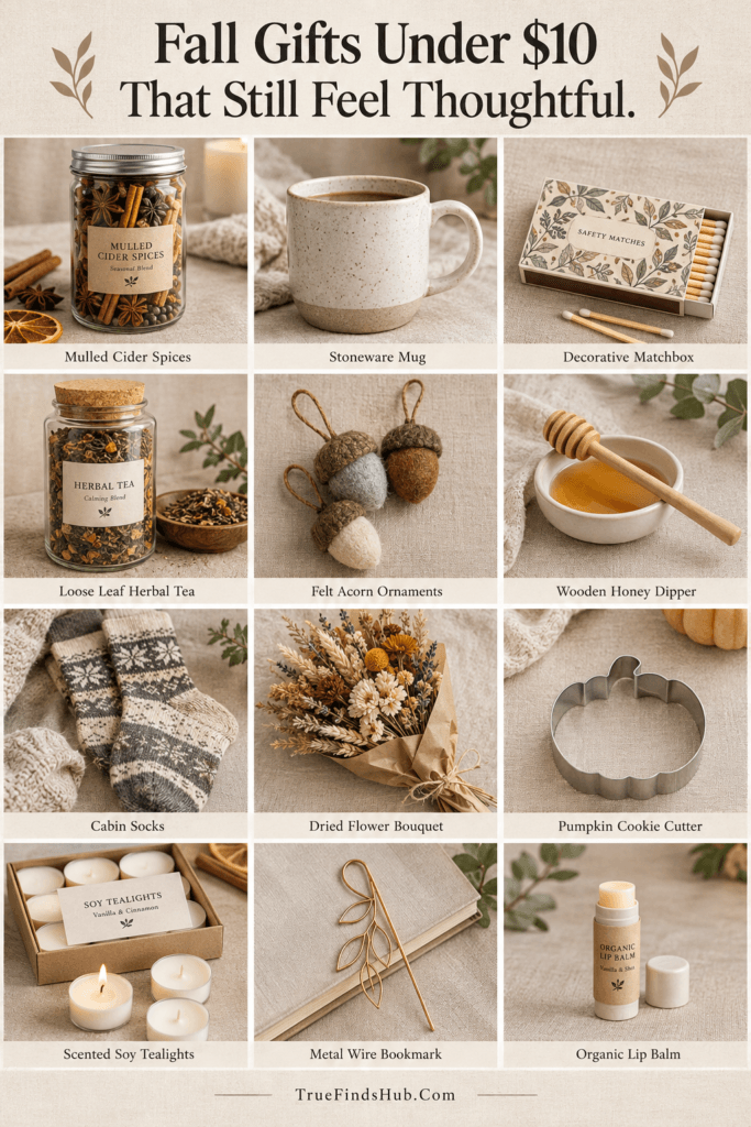 Fall Gifts Under $10 That Still Feel Thoughtful 2 Cozy fall gift ideas under $10, including a stoneware mug, dried flowers, and cabin socks.