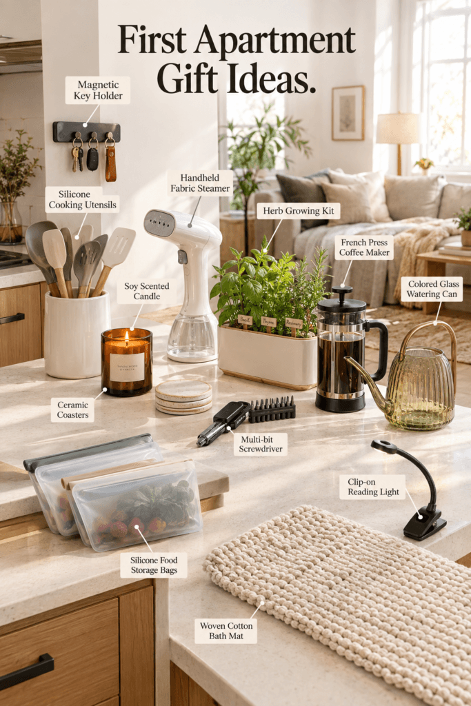 Curated first apartment gift essentials including a candle, coasters, steamer, and watering can displayed together.