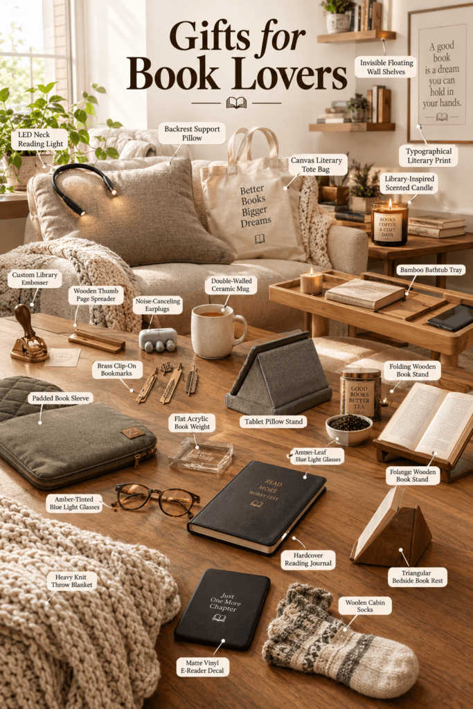 Gifts for Book Lovers That Any Bookworm Will Treasure 2 Gifts for book lovers including reading light, brass bookmarks, floating shelves, and knit blanket.