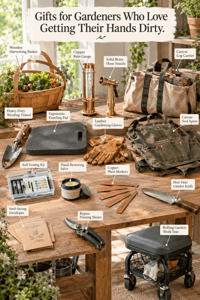 Gifts for Gardeners Who Love Getting Their Hands Dirty 2 A curated set of gardening gifts including leather gloves, a trowel, and pruning shears.