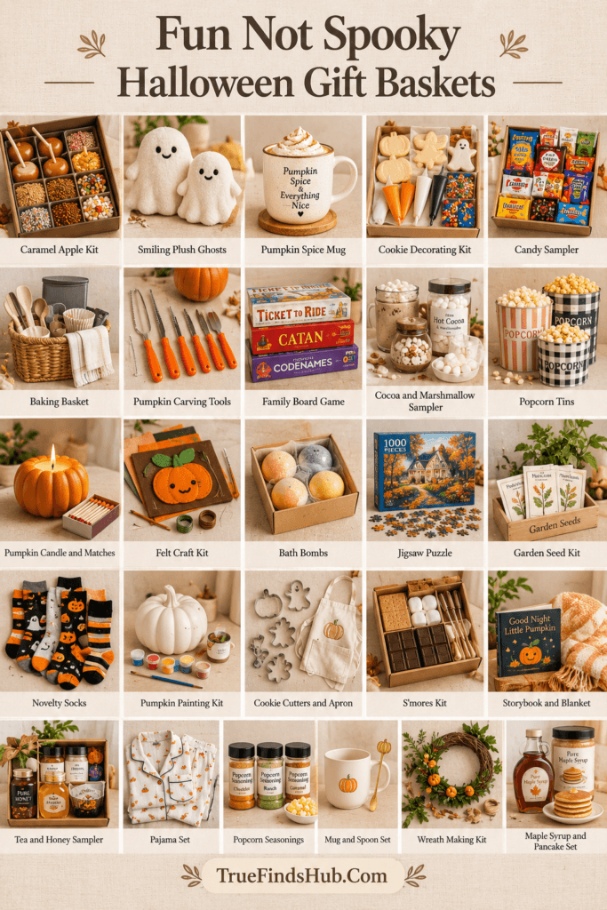 A collection of whimsical Halloween gift basket items including mugs, candy, blankets, and a jack-o'-lantern candle.