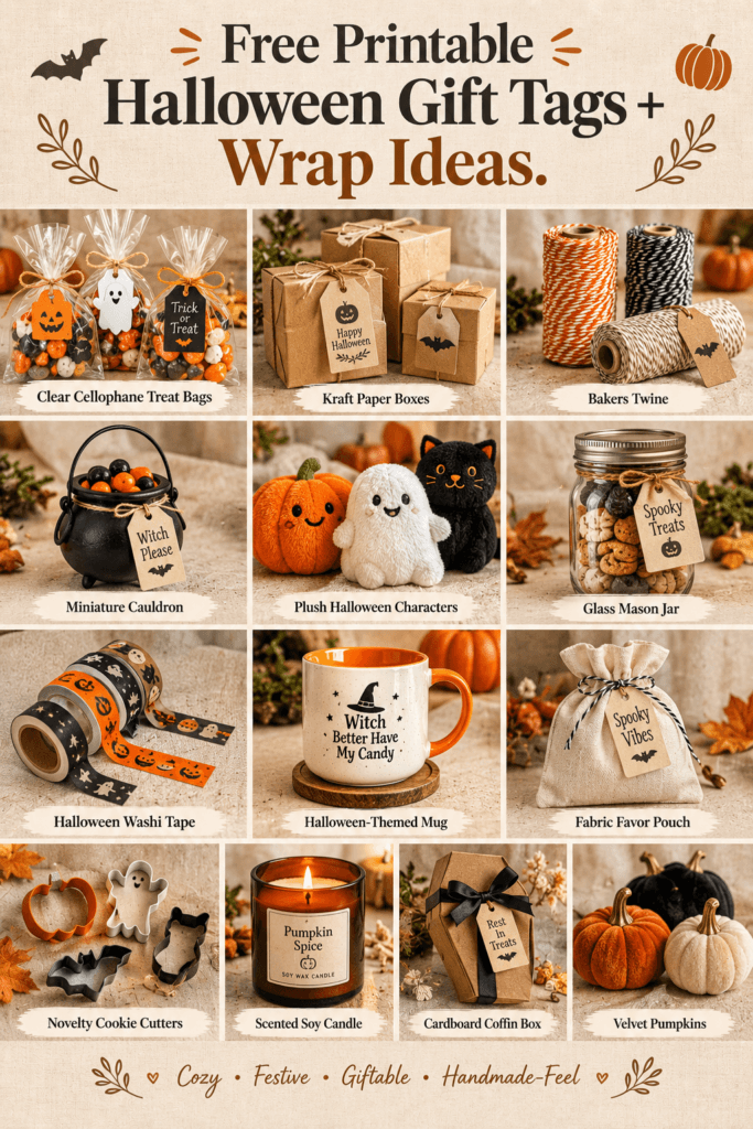 Free Printable Halloween Gift Tags Plus Easy Gift Wrap Ideas 2 Halloween gift-wrapping supplies including cellophane bags, kraft boxes, and mason jars displayed together.