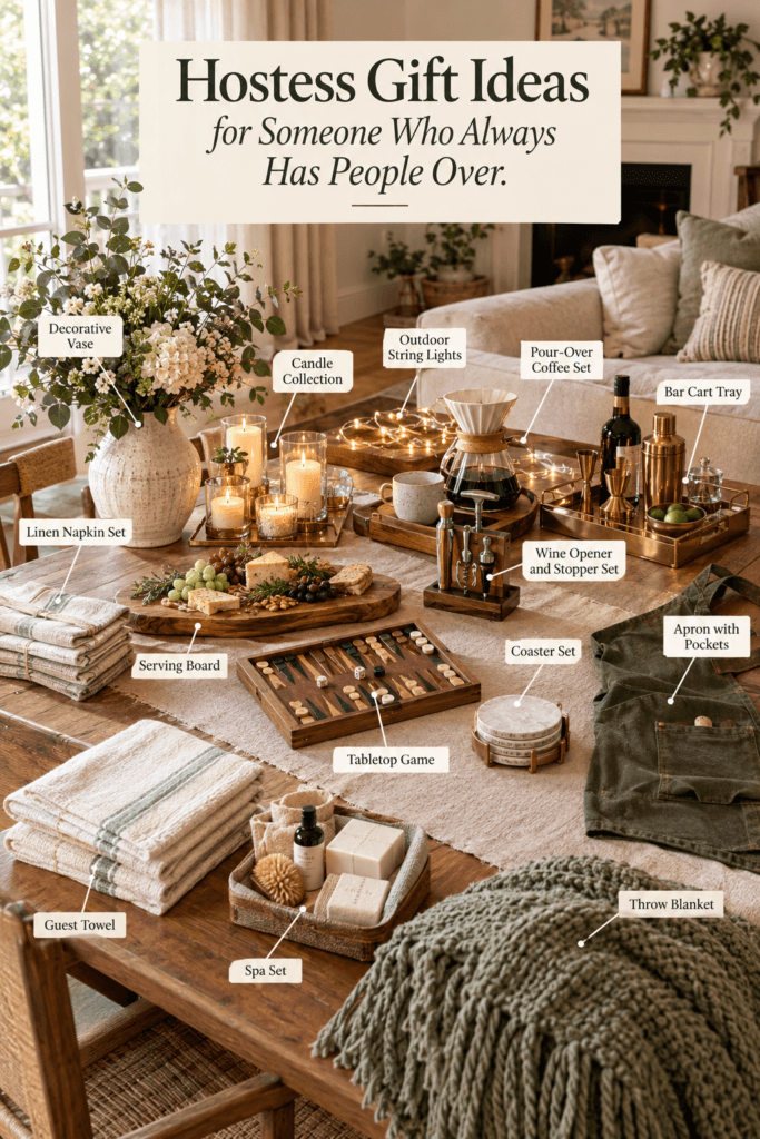 Hostess Gift Ideas for Someone Who Always Has People Over 2 Hostess gift roundup featuring napkins, candles, serving board, wine tools, and cozy throw blanket