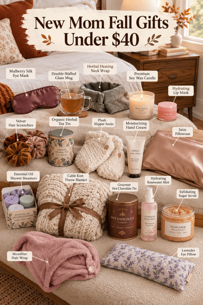 New Mom Fall Gifts Under $40 That Feel Luxurious 2 Flatlay of cozy postpartum fall gifts including silk eye mask, glass mug, and candle