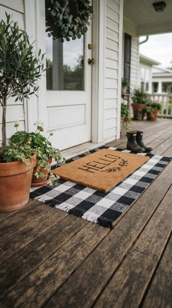 The Ultimate Fall Front Porch Decor Checklist You Need 3 A patterned plaid outdoor rug layered underneath a simple natural fiber doormat.
