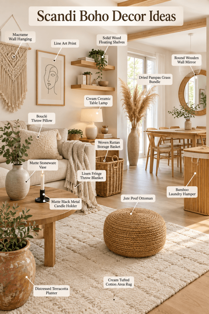 Scandi boho decor ideas including rattan basket, macrame hanging, bouclé pillow and oak chair.