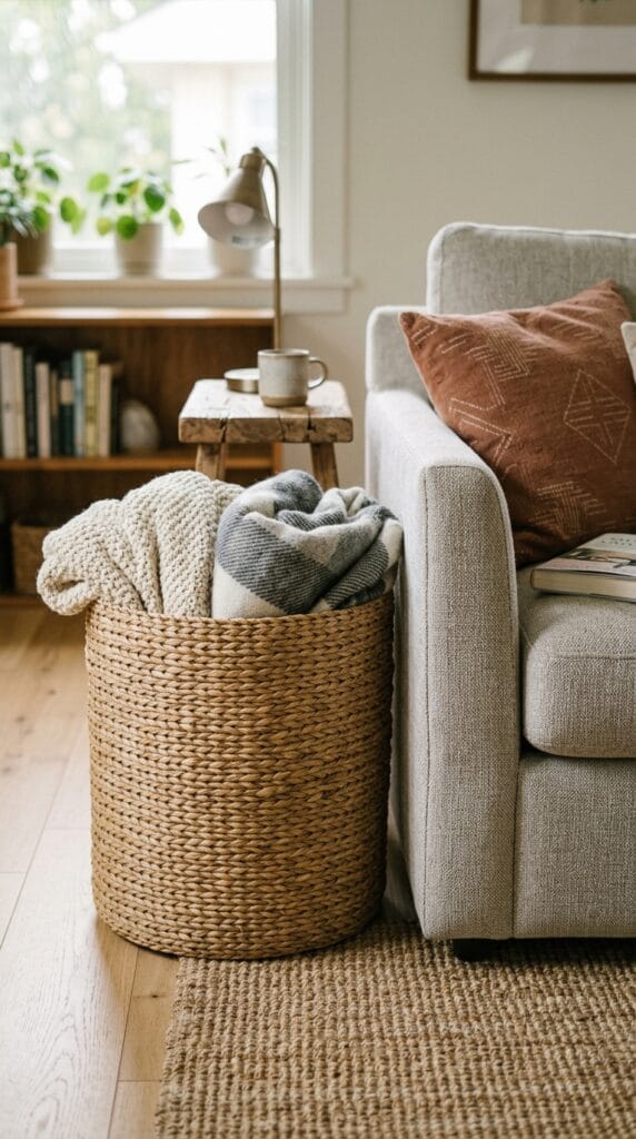 A tall woven seagrass storage basket holding blankets next to a sofa.