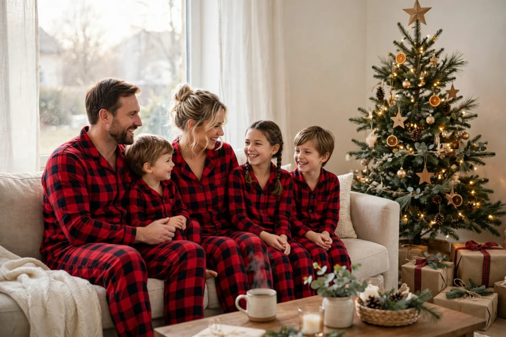 Matching Family Christmas Pajamas for a Cozy Morning Together 2 Family wearing red buffalo check pajamas beside a Christmas tree in morning light