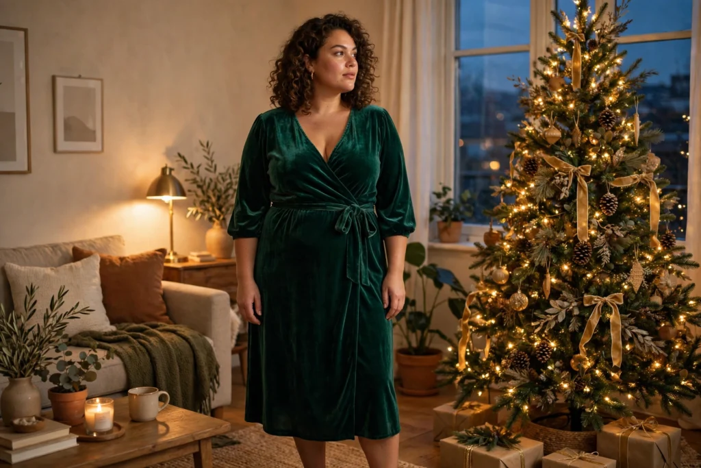 Plus Size Christmas Outfits That Fit and Flatter 2 Woman in an emerald velvet wrap dress standing beside a decorated Christmas tree indoors
