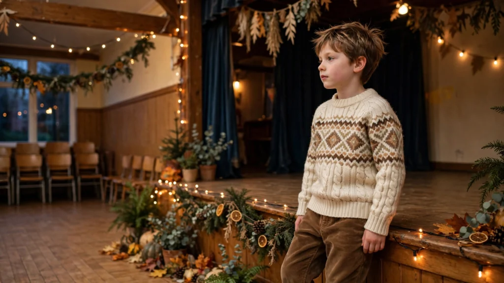 Young child in a Fair Isle sweater and corduroy trousers near a decorated tree
