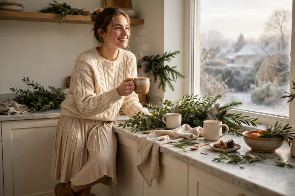 Christmas Outfits Under $40 That Still Feel Festive 3 Woman in a cable-knit sweater and pleated skirt holding a mug indoors.