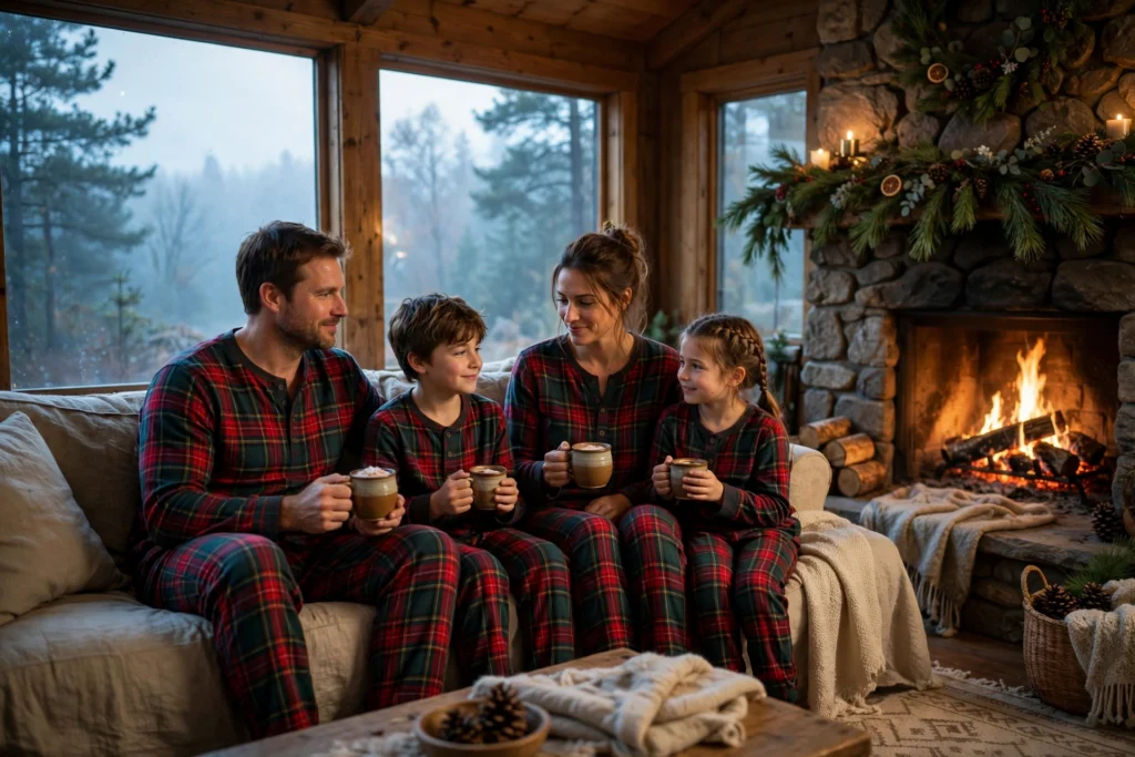 Matching Family Christmas Pajamas for a Cozy Morning Together 3 Parents and children in tartan flannel pajamas sharing cocoa in a cozy living room