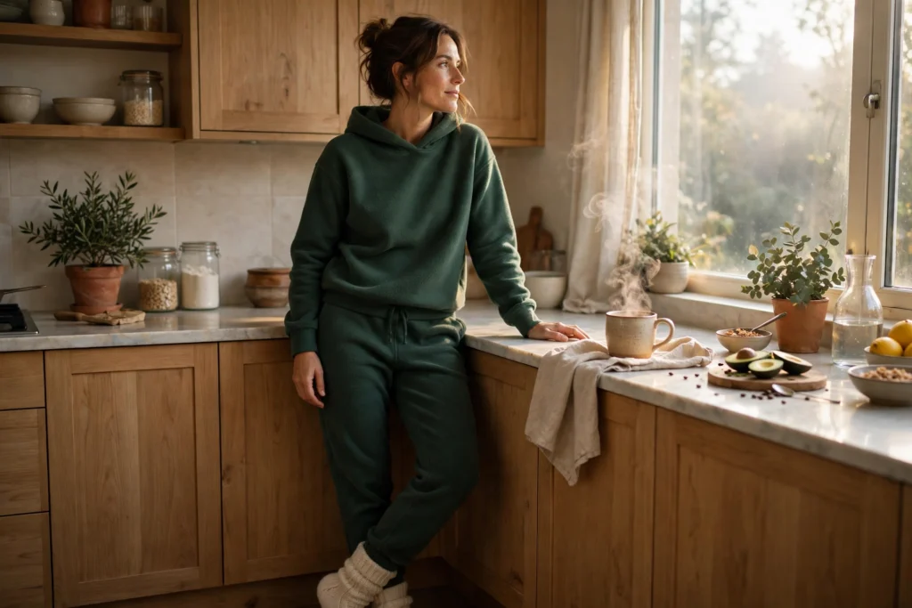 Woman in a forest green fleece jogger set and cozy socks.
