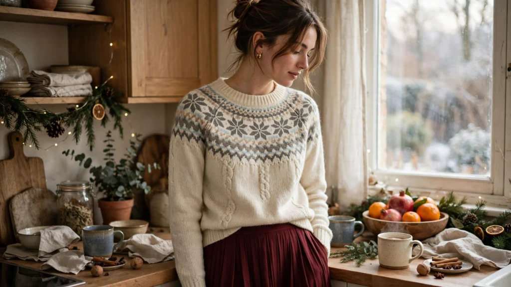 Woman wearing a Fair Isle knit sweater over a pleated burgundy midi skirt.