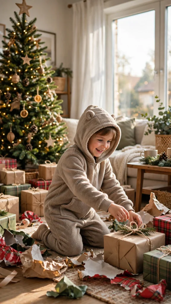 Matching Family Christmas Pajamas for a Cozy Morning Together 4 Child in a fleece hooded pajama suit holding a gift near a Christmas tree