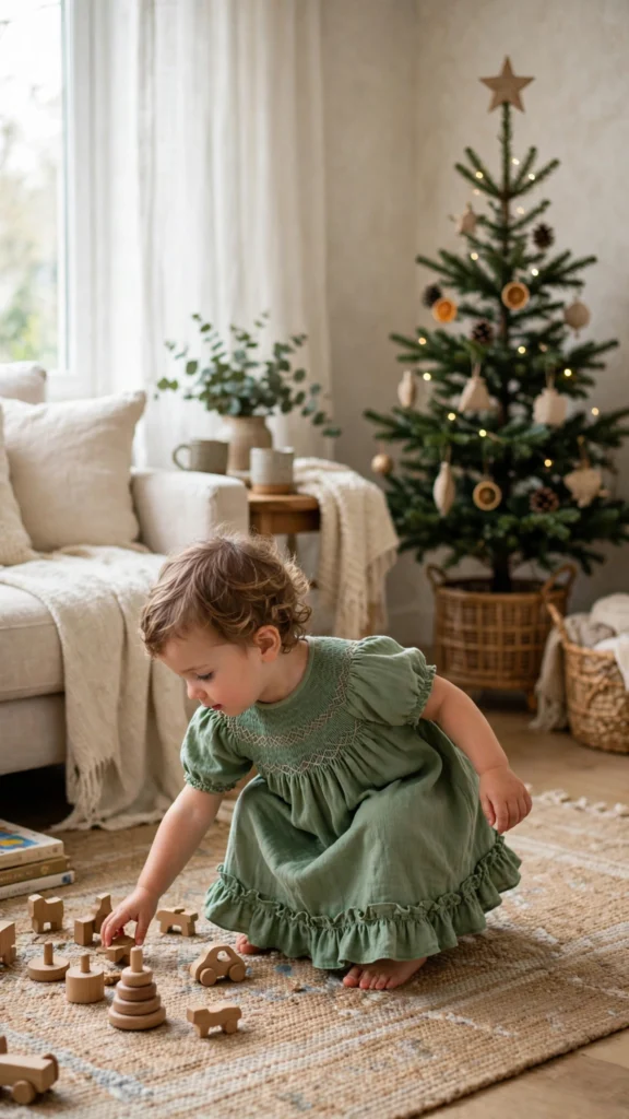 Toddler in a green smocked cotton dress with a ruffled hem indoors