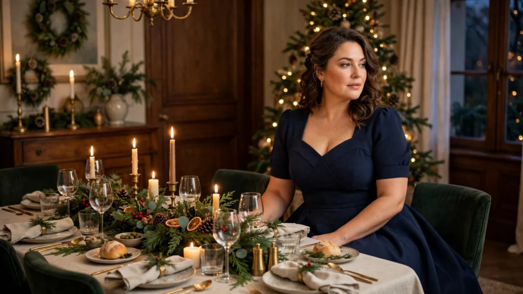 Plus Size Christmas Outfits That Fit and Flatter 5 Woman in a navy crepe fit-and-flare dress at a Christmas dinner table