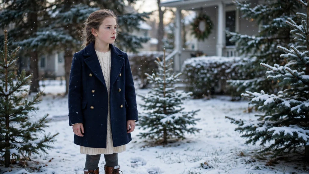 Older child in a wool coat over a knit dress outside in snow