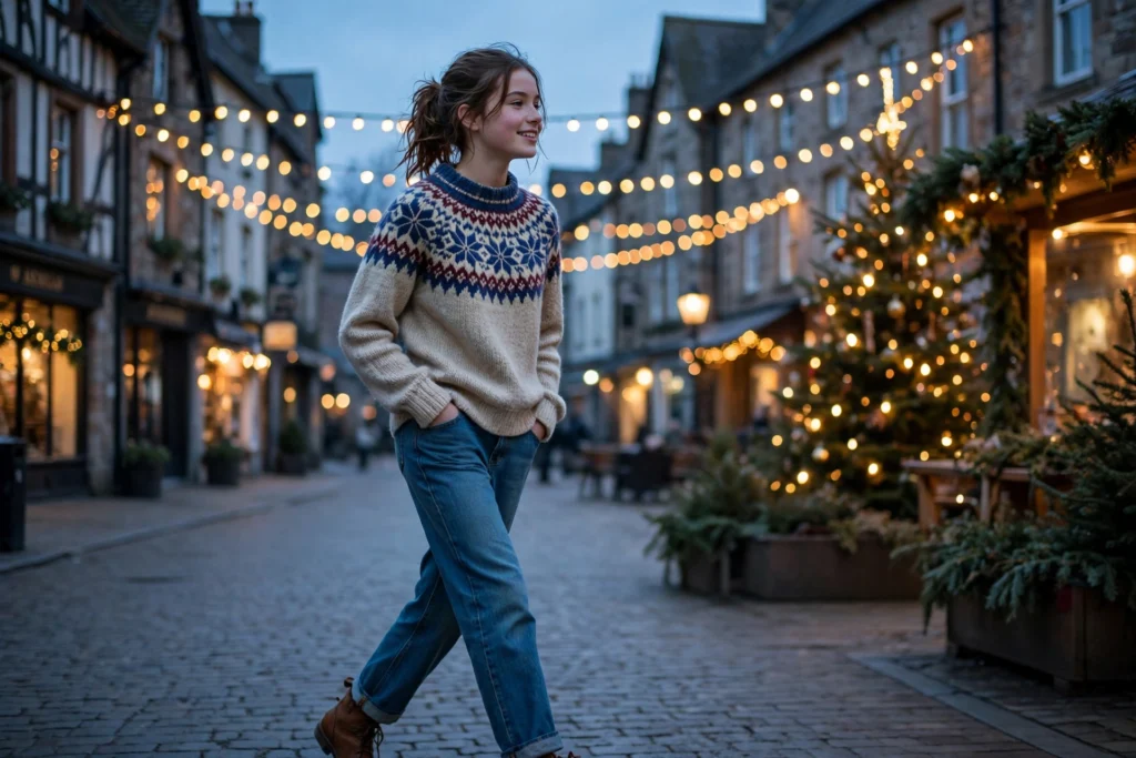 Teen in a Fair Isle sweater and jeans walking toward a lit Christmas tree.