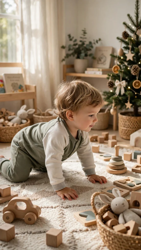 Matching Family Christmas Pajamas for a Cozy Morning Together 5 Toddler in striped-cuff jersey pajamas playing with wooden toys on a rug