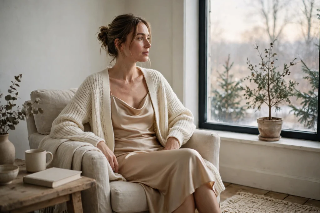 Woman in a champagne satin slip dress and ivory cardigan by a window.