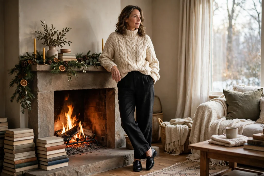 Christmas Outfits Under $40 That Still Feel Festive 6 Woman in a chunky turtleneck sweater and wide-leg trousers by a fireplace.