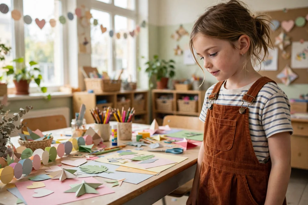 Young child in a corduroy pinafore over a striped tee at a party table
