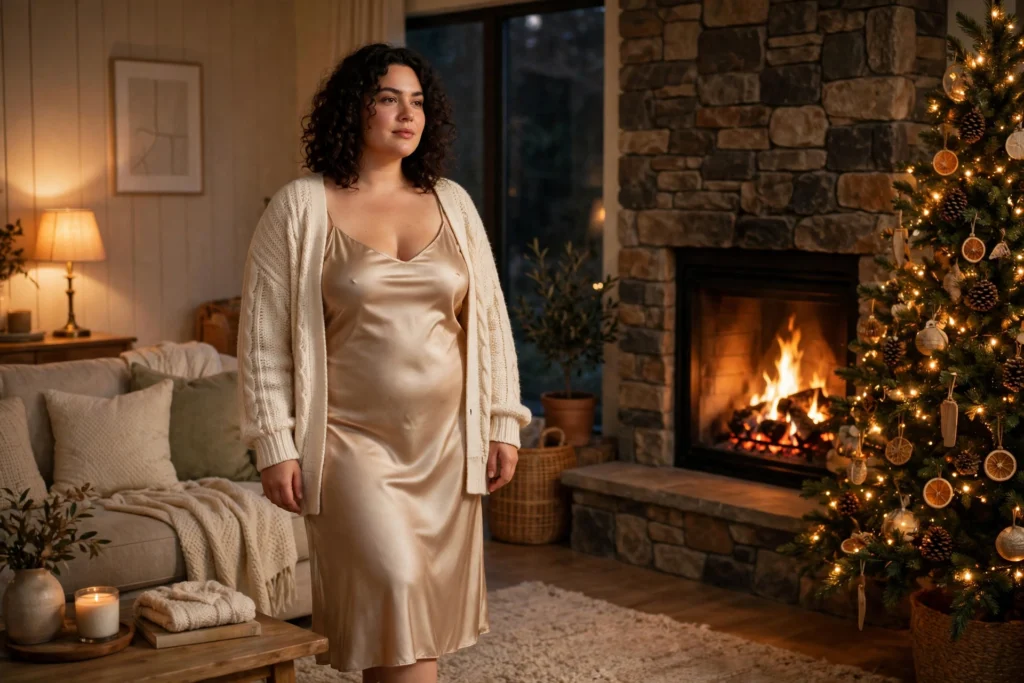Plus Size Christmas Outfits That Fit and Flatter 6 Woman in a champagne satin slip dress and cream cardigan by a fireplace