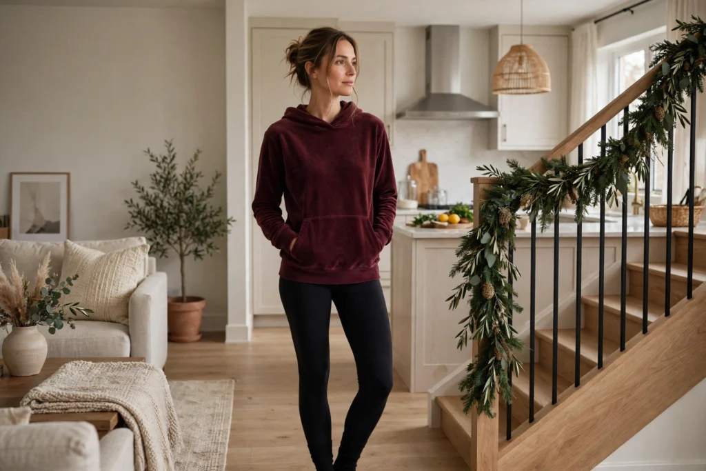 Woman in a burgundy velour hoodie and black stretch leggings.