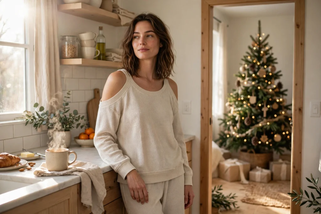 Matching Family Christmas Pajamas for a Cozy Morning Together 6 Woman in waffle knit pajamas holding coffee beside a bright Christmas tree
