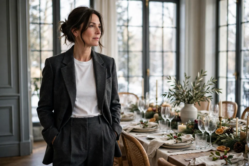 Woman wearing a charcoal wool tailored blazer with wide-leg trousers indoors.